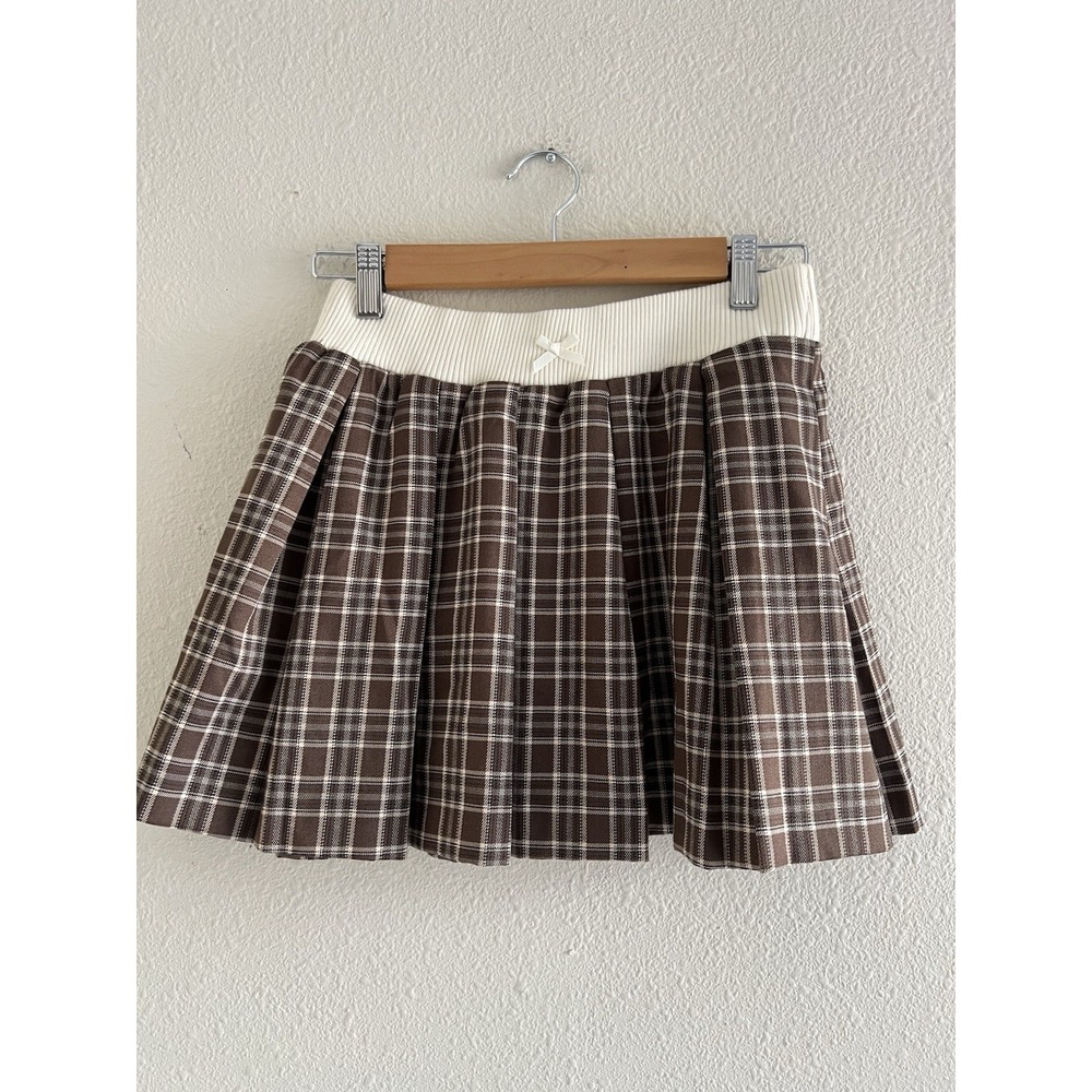 Miss Selfridge Tailored Pleated Mini Skirt Size 4 Check Brown Academia Preppy